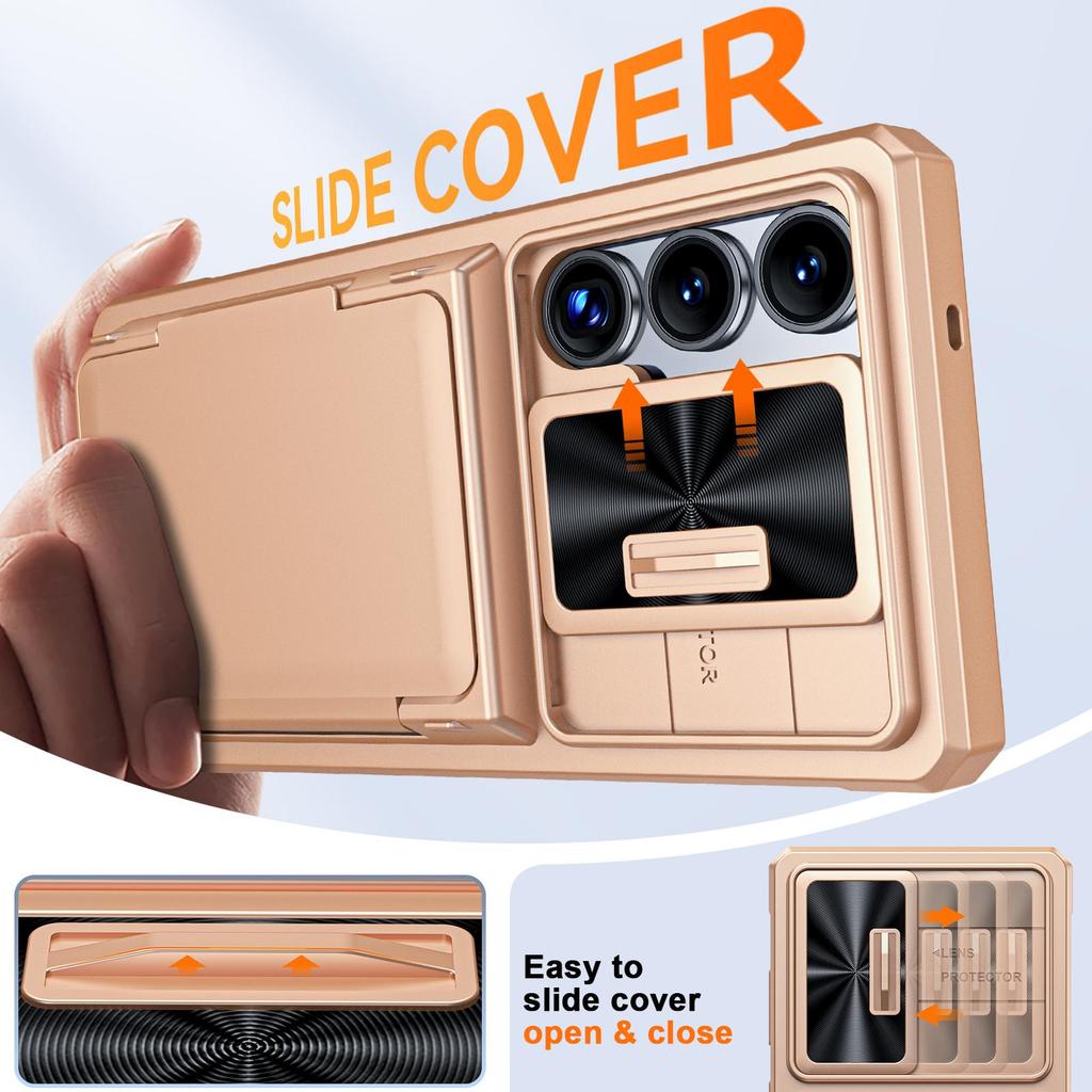 With Card Holder Sliding Camera Cover And Stand For Samsung Galaxy S25 Ultra Phone Case, Anti-Fall PC+TPU Wallet Case-Champagne