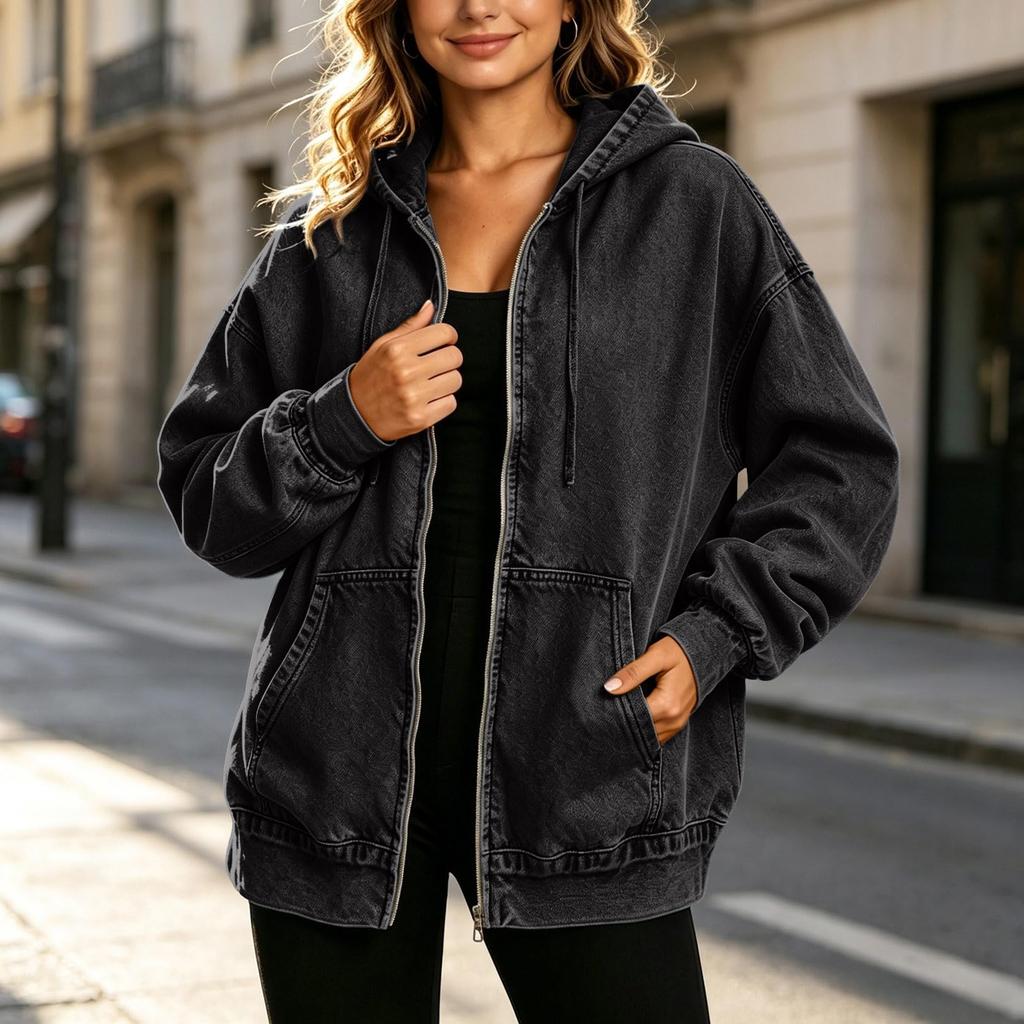 Women's Casual Full-Zip Hooded Denim Jacket for Everyday Wear