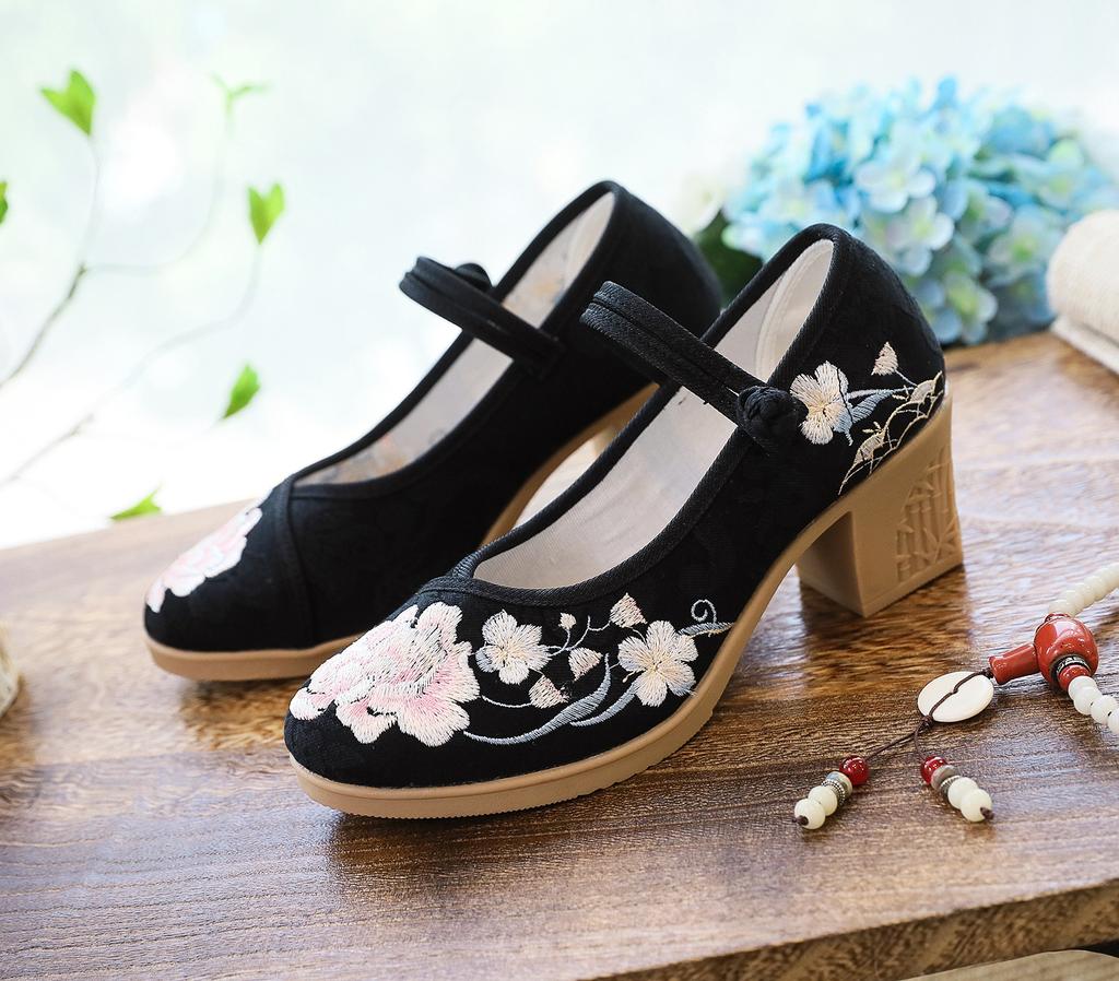 High Heels Women's Shoes Square Heel Light Mouth Round Head Embroidery Sexy and Thin Nightclub Single Shoes Wedding Shoes