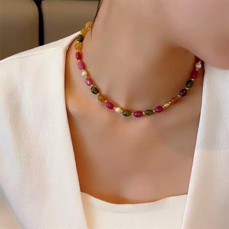 New Arrival Trendy Colorful Tourmaline Stone Natural Freshwater Pearl 14K Gold Filled Ladies Beads Chain Necklace No Fade Gifts
