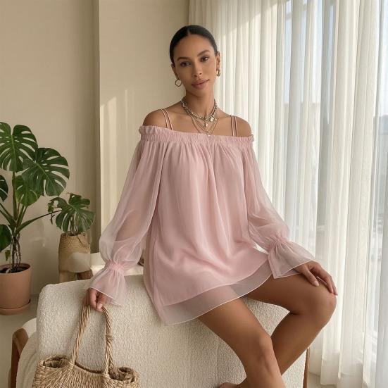 Dames Off Shoulder Mini Jurk, Lange Mouwen Ruches Doorzichtig Mesh Losse Korte Jurk, Casual Feest Uitgaan Clubkleding