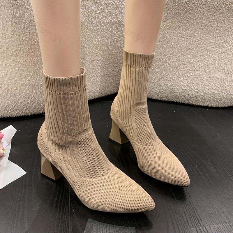 Fashion Women Ankle Boots Pointed Elastic Socks Boots Fashion High Heels 2025 Autumn/Winter Fashion Booties Lady Shoes New Thick Heeled