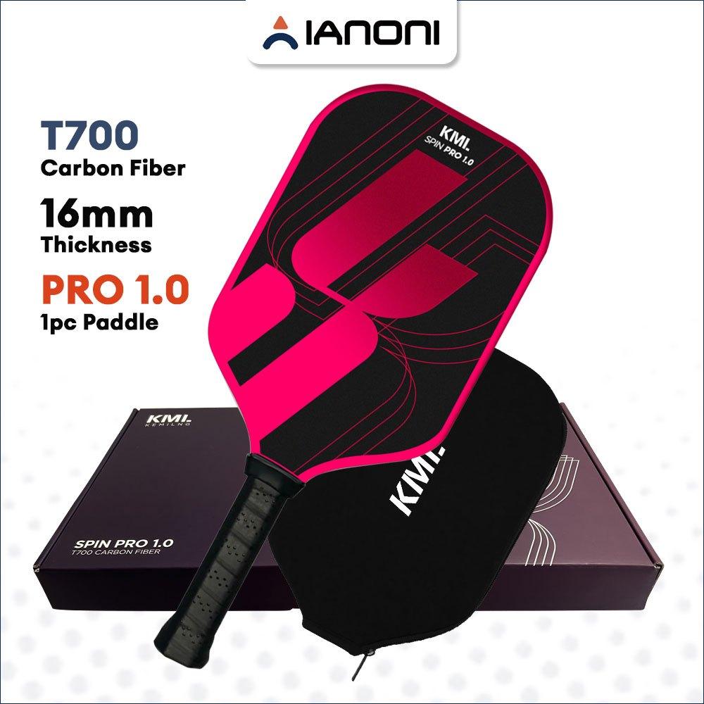 IANONI x KML SPIN PRO 1.0 T700 Raw Carbon Fiber 16mm Pickleball, Elongated Solid Control Paddle красный