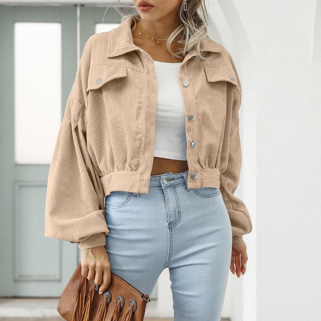 Damen-Cordjacke mit Reverskragen und Ärmeln, einreihiger Freizeitmantel für den Herbst