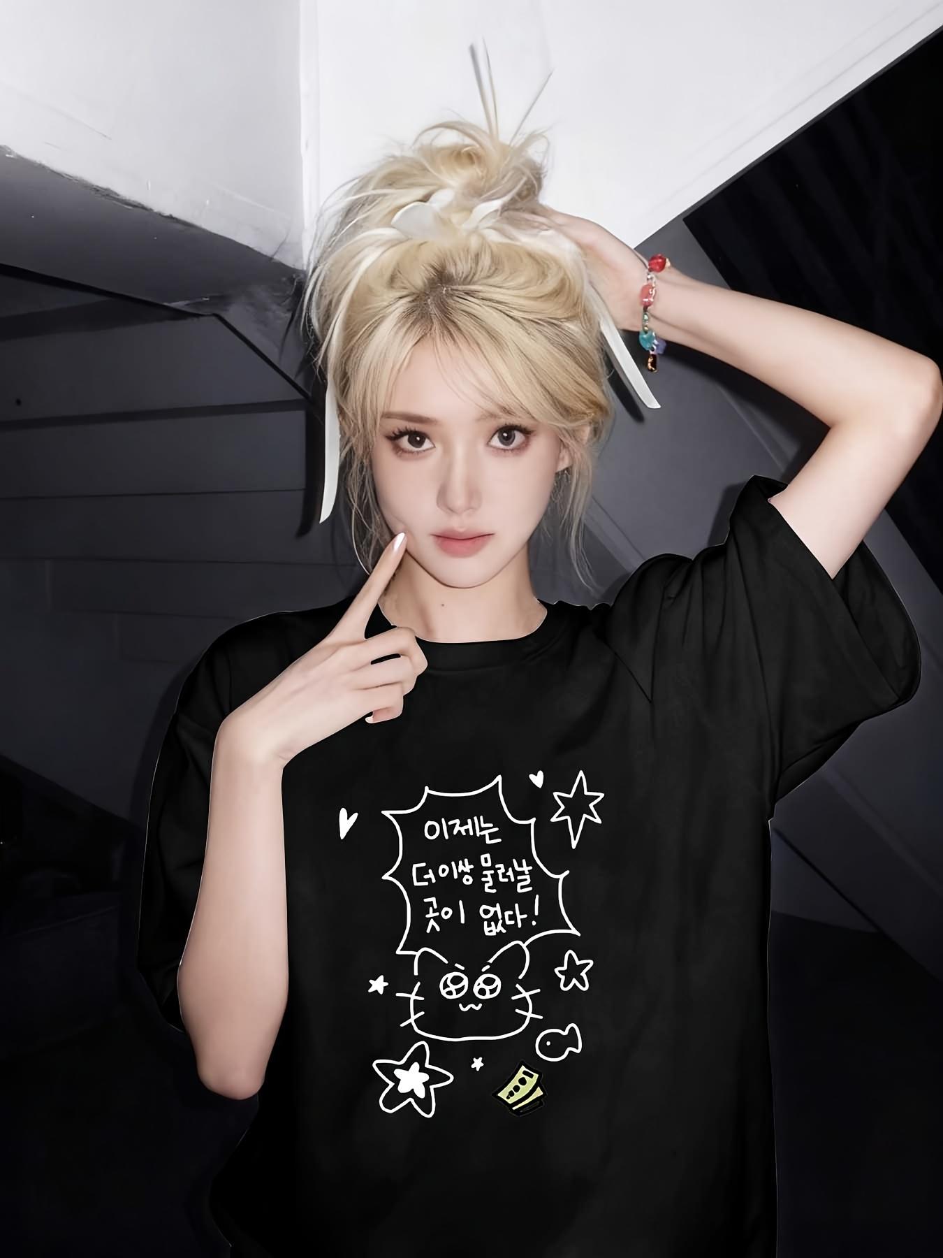 

Womens Tshirt Short Sleeved Funny Simple Drawing Cat with Korean Dialogue Box Pattern Short Sleeved Tshirt Funny Cute Style S