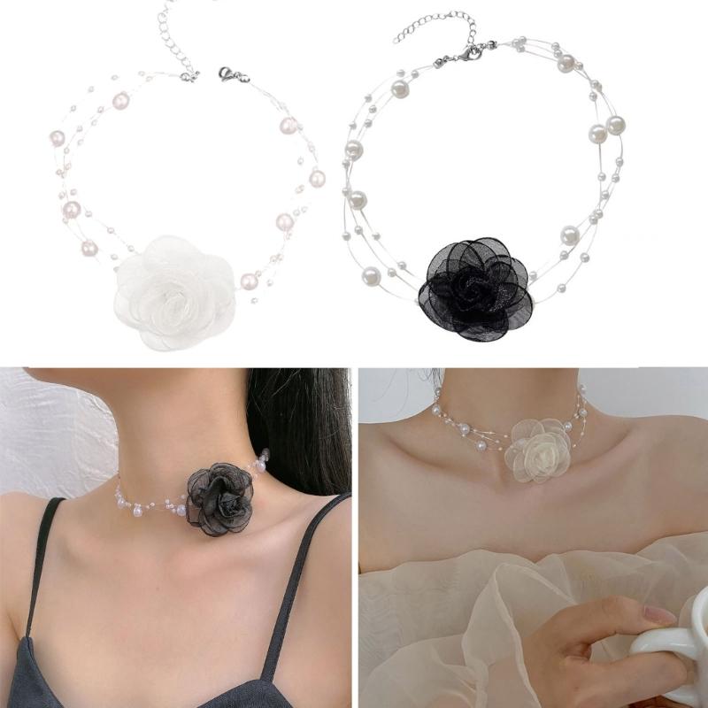 Elegant Multilayer Pearl Choker Necklace Vintage Lace Flower Chain Necklace For Women Fashion Wedding Jewelry Gift