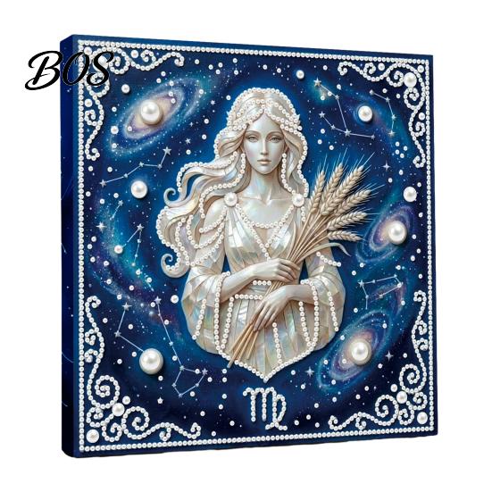 Faux Pearl Painting Crafts DIY Kit, 12 Constellation Rhinestone Art Set for Handmade Kit Adults Beginners, Wooden Frame Fake Wall Decoration Beginners