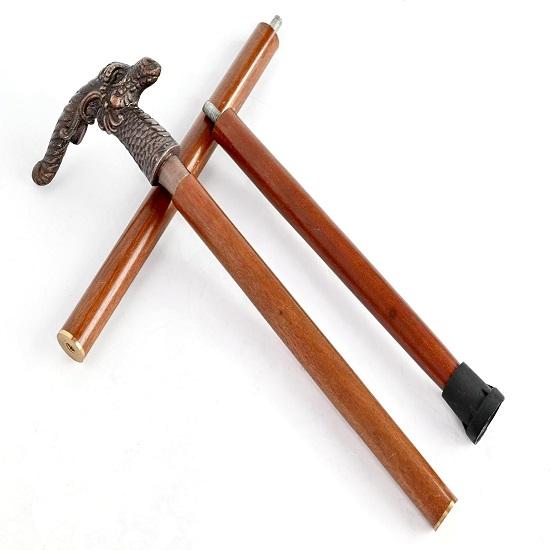 Canne en bois avec manche en cuivre et tête de dragon, fabriquée à la main