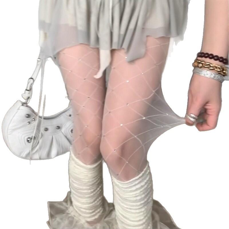 Spring And Autumn Thin White Fishnet Stockings With Diamonds Women'S Anti-Hook Silk Summer Sexy Rhombus Bright Diamond Pantyhose