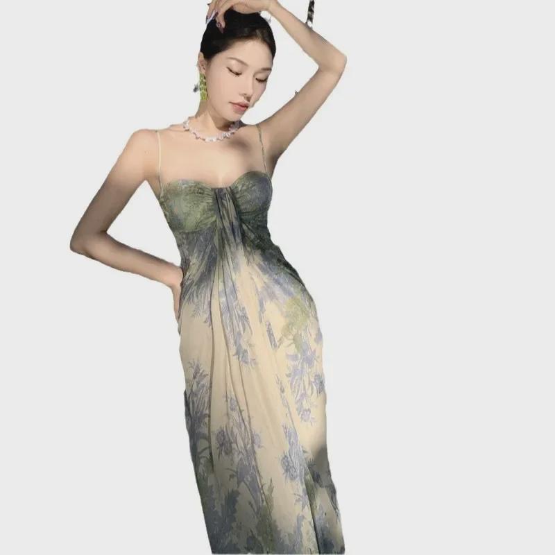 French-Style Summer Fairy Mesh Print Tube Top Dress