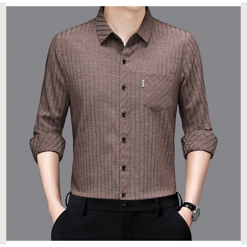 Smooth Anti-pilling Mulberry Silk Men's Long-sleeved Shirt Spring and Autumn New Striped Shirt No Ironing