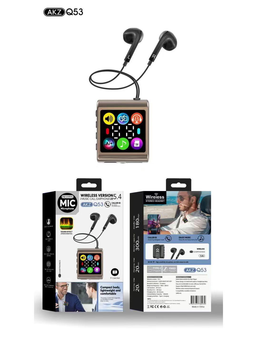 

AKZ Q50 Bluetooth Headset: Long Battery, Clip-on Design, In-ear Sport, Card Slot, Digital Display, K-song Ear Monitor.