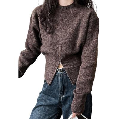 Knit Top Sweater for Long Crew Short Zip Slimming Available In Three Brown [JINJUDUO] Women, Sleeve, Autumn/Winter, Lightweight, Neck, Casual,