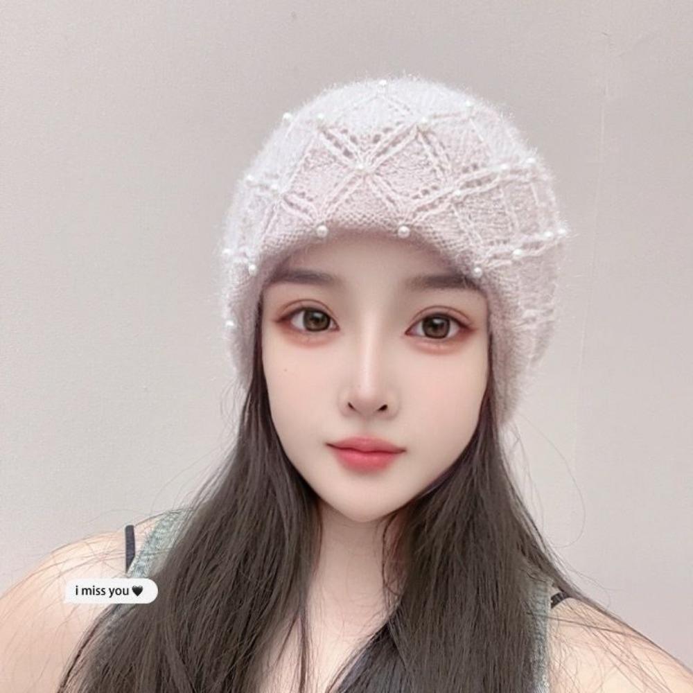 Herbst und Winter Neue Verdickte Mütze Handgewebte Perle Doppellagige Warme Strickmütze Kältefest Frostsicher und Warm Damen Baotou Mütze