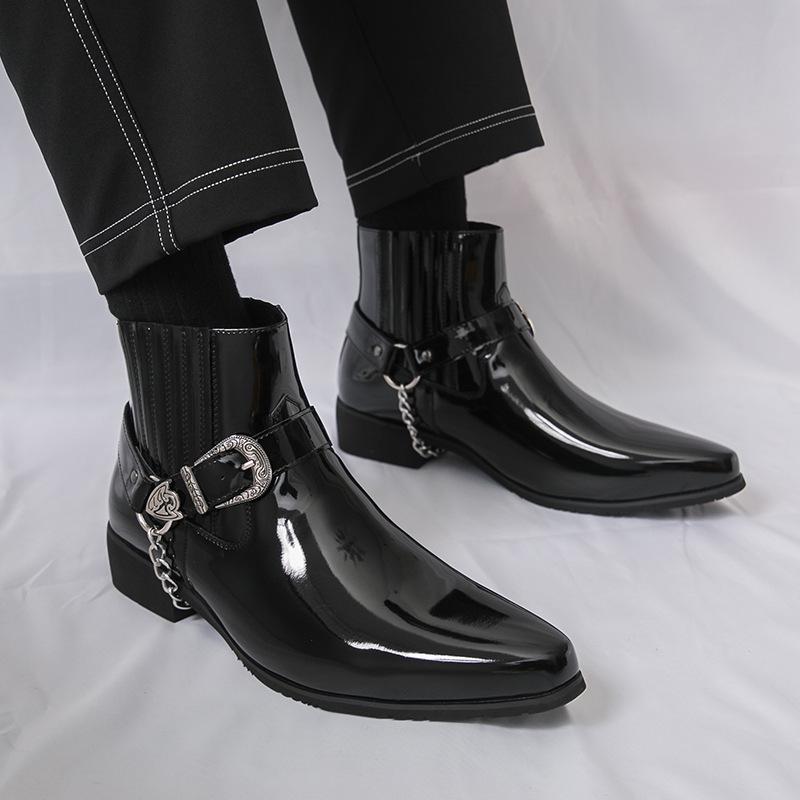Plus Size High-Top Martin Boots: Men's British Style Glossy Patent Leather Chain Boots for Autumn/Winter 2025