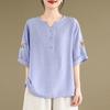 Vintage Women's Embroidered Cotton Linen Blouse Summer Loose Thin V-neck Plus Size Blouse Top
