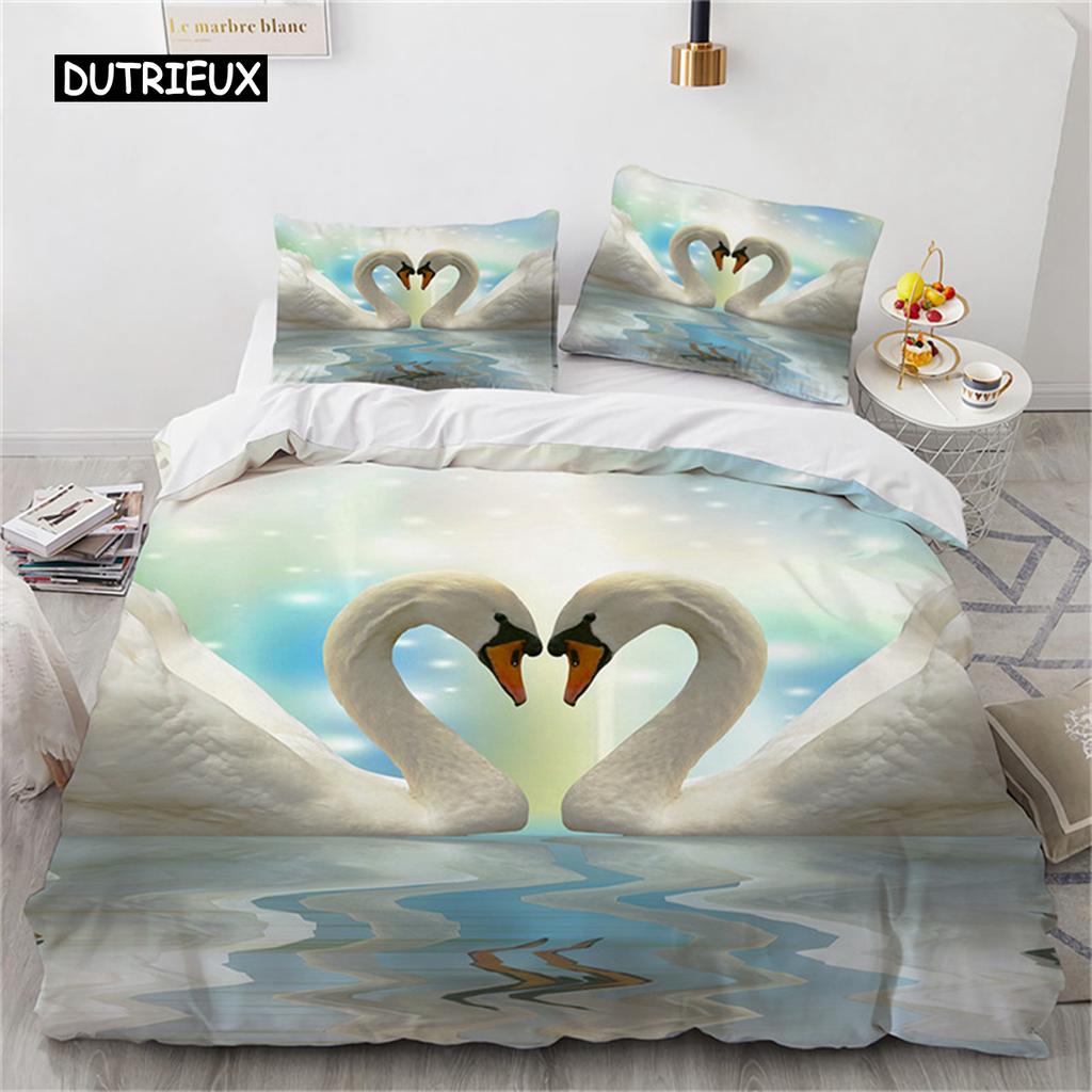 Romantische Schwan Bettbezug Mikrofaser Blume Bettwäsche Set Bettdeckenbezug Extra Groß Einzelbett für Liebhaber Schlafzimmer Romantische Dekoration