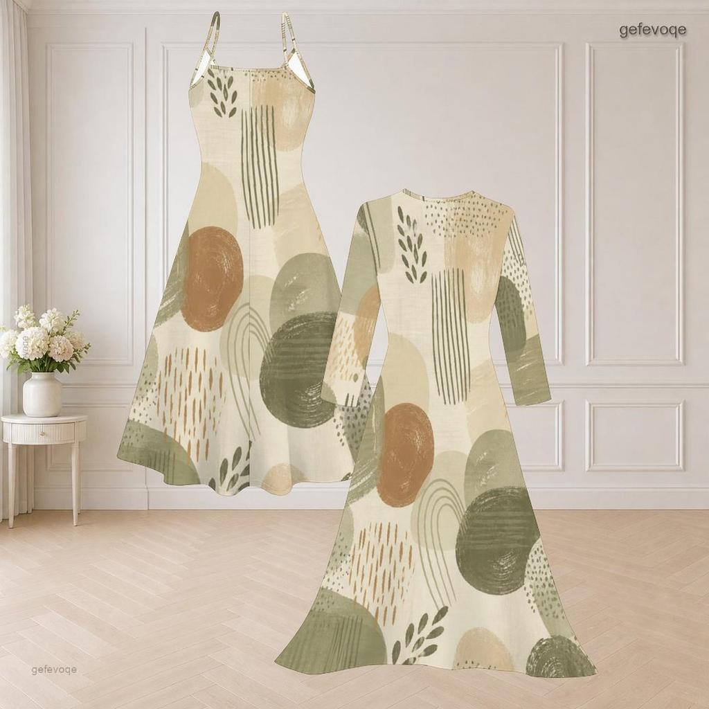 Women Plus Size Multicolor Printed Two Piece Set Spaghetti Strap Flared Dress Long Sleeve Open Front Cardigan