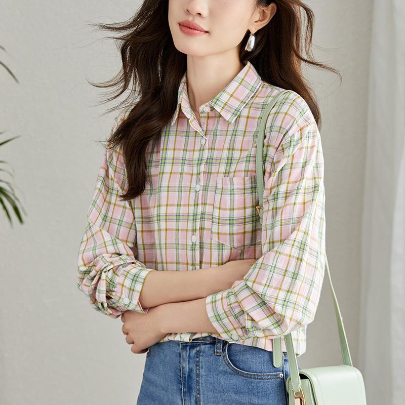 

Plaid Shirt Women s Long Sleeves Spring New Top Commuter Versatile Stack Wear Retro Shirt M