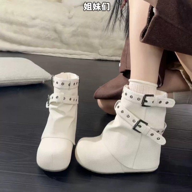 Mori stacked heightening JK belt buckle boots new thin round head with skirt versatile Birkenstock short boots women