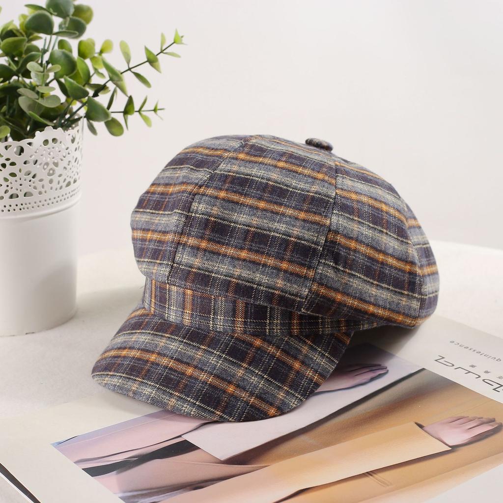 Retro new plaid octagonal hat children spring and autumn versatile fashion temperament thin face little painter hat