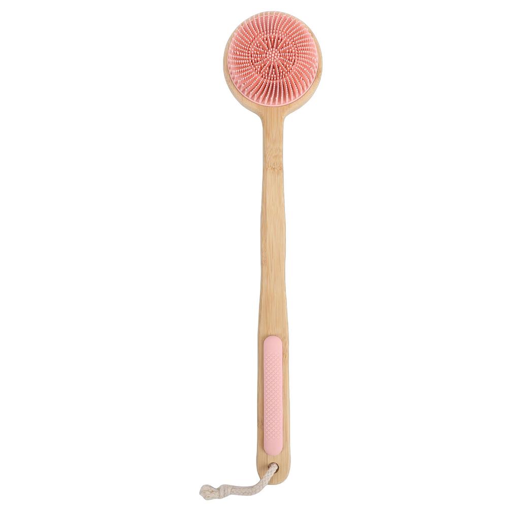 Double Sided Shower Brush Long Handle Exfoliating Dry Wet Use Nylon Silicone Bath Body Brush Pink