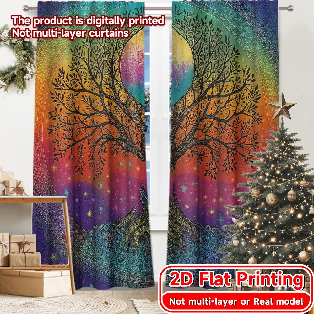 2D Flat Printing,2pcs Cosmic Tree Popular Fashionable Curtains Versatile 100% Polyester Curtains Festive Perfect for Bedroom