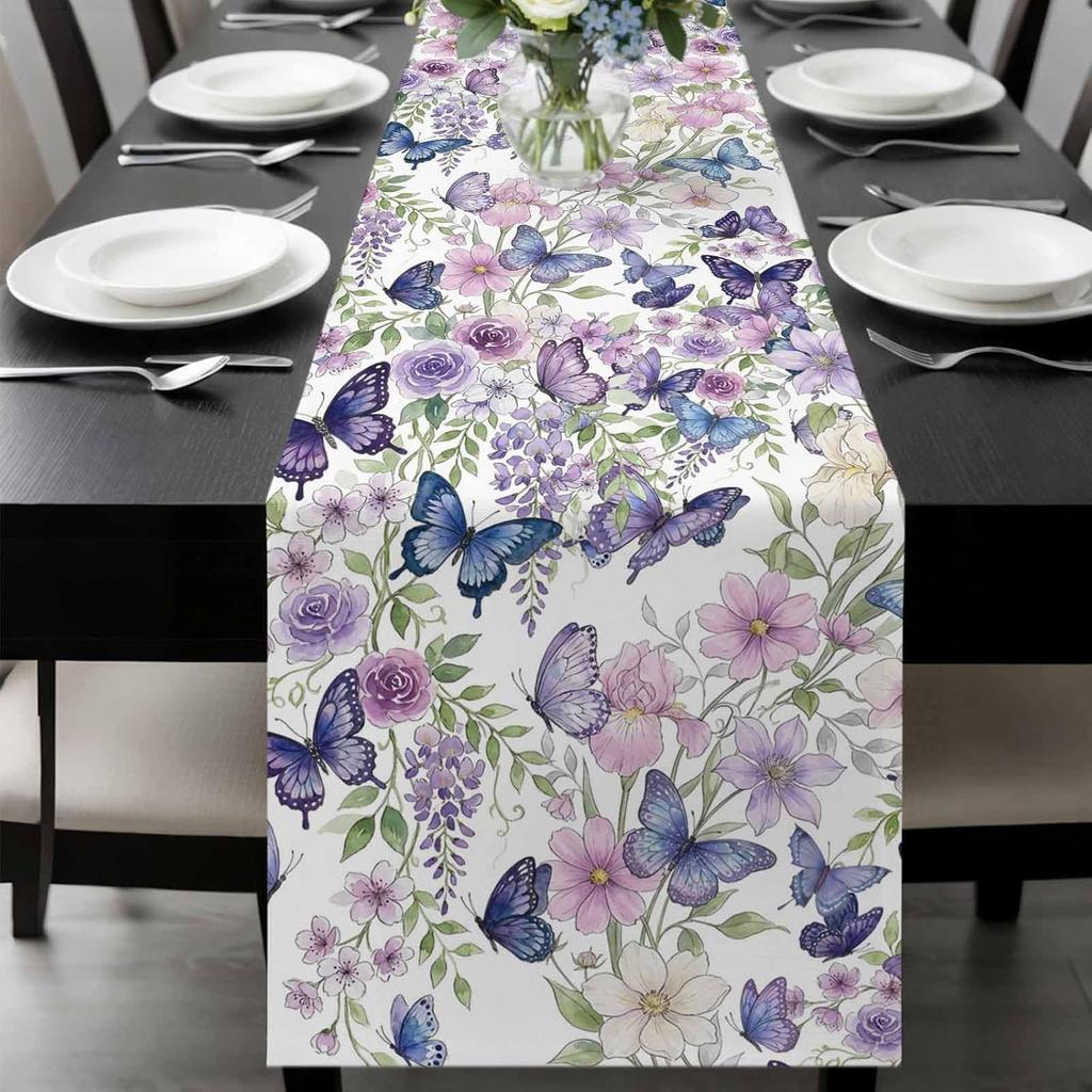 Watercolor Flower Butterfly Linen Table Runner Party Decor Reusable Farmhouse Kitchen Dining Table Runner Wedding Decorations