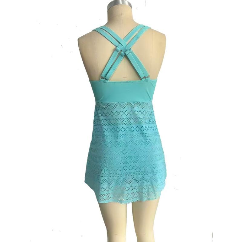 Women's Solid Blue Lace Trim Drawstring Tankini Set V-Neck Swimdress