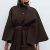 Fashion Solid Women's Lace Up Cape Coats Loose Stand Collar Batwing Sleeve Button Leisure Jackets 2025 Autumn Streetwear