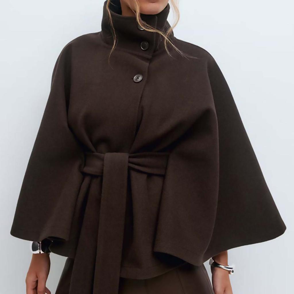 Fashion Solid Women's Lace Up Cape Coats Loose Stand Collar Batwing Sleeve Button Leisure Jackets 2025 Autumn Streetwear