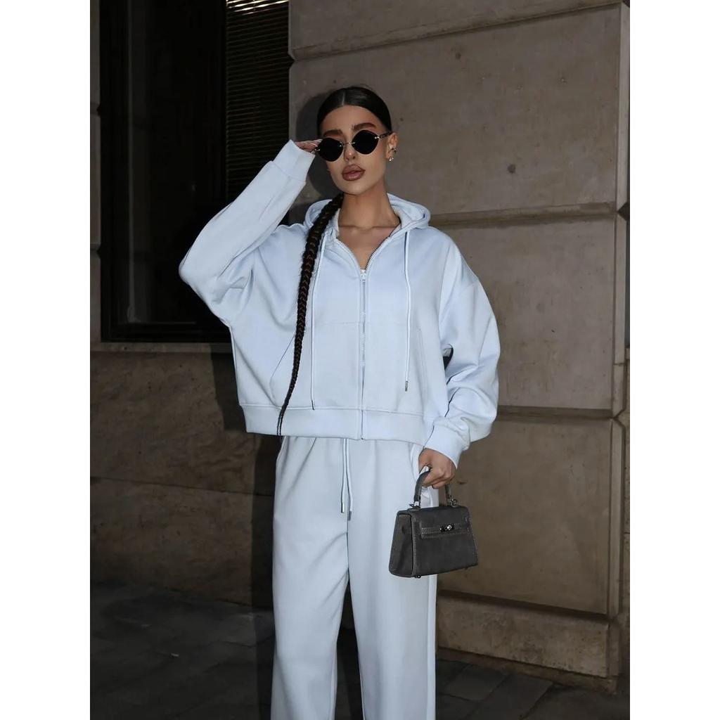 Sports Suit Long Sleeved Zipper Cardigan Hooded Sweatshirt with Zip Ties Long Pants Two-piece Cotton Set