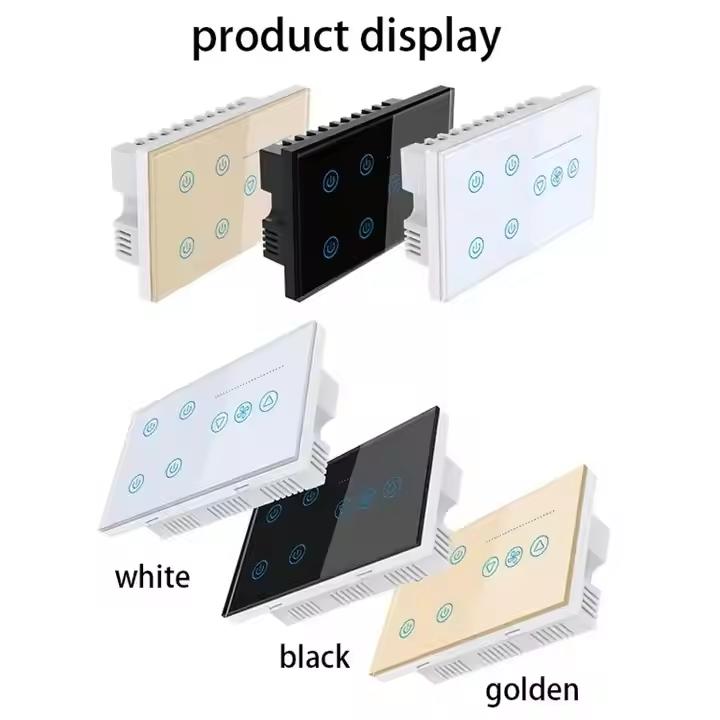 147*86MM Touch Glass & PC Panel Smart Life WiFi 4 Gang Wall Switch and Fan Speed Control Compatible with Alexa Google Home