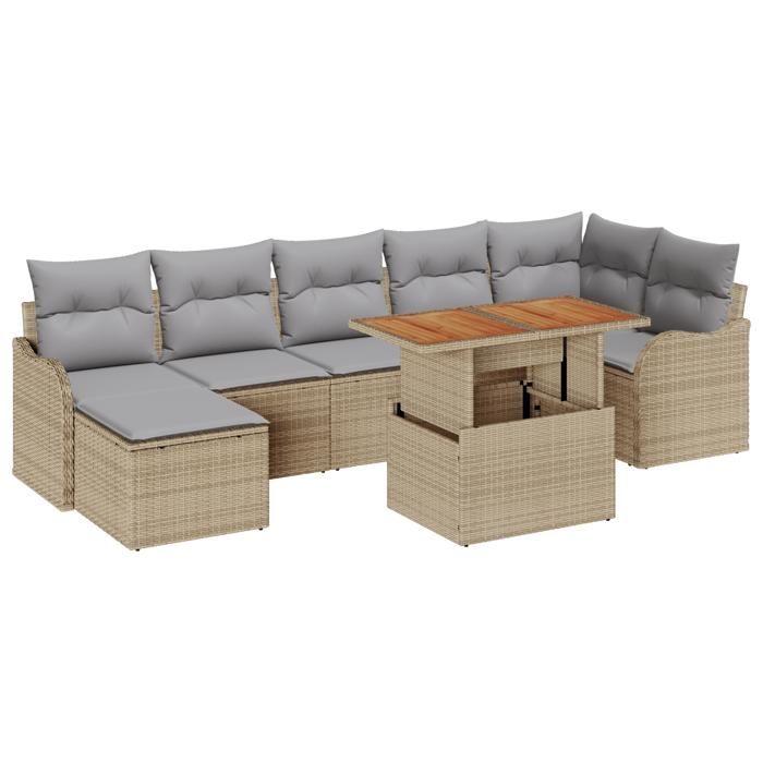 Ensemble de Canapés de Jardin 8 Pièces avec Coussins Beige en Poly Rattan, Canapé de Jardin 2 Places avec Coussins Beige 3349489