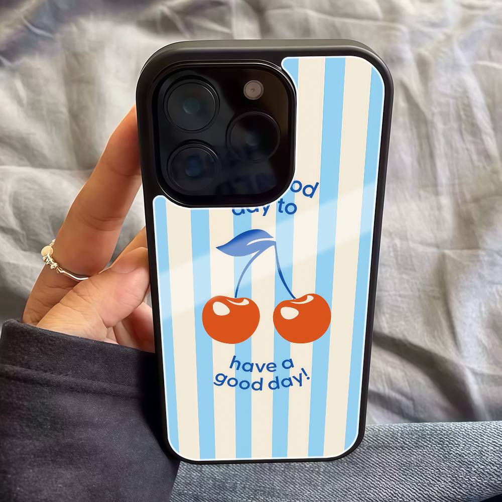 Retro Cherry Good Day Phone Case Black Hard Plastic Phone Case For Iphone 17 Air 16 15 14 13 12 11 Pro Max PC TPU Ins Case