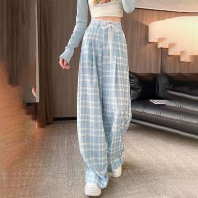 Kore Tarzı Dantel Detaylı Bol Geniş Paça Kadın Pantolonu İlkbahar/Yaz Mavi Ekose Uzun Pantolon Tembel Slim Günlük Pantolon