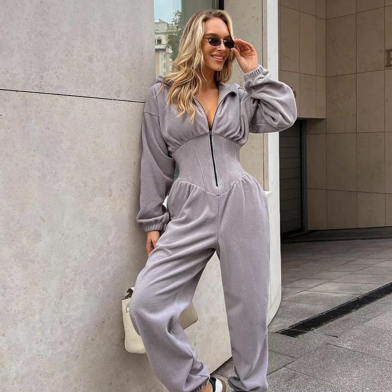 Womens 2026 Fall Winter Hooded Jumpsuit Long Sleeve Relaxed Fit Fleece Romper With Cinched Waist Cuffed Ankles