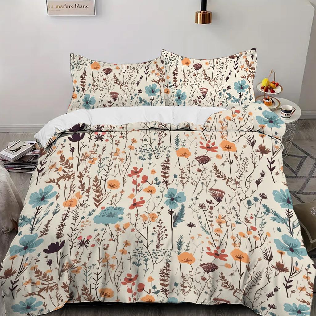 Flower and flower pattern 3D printed bedding set, colorful style down duvet cover set, soft and comfortable home luxury duvet co