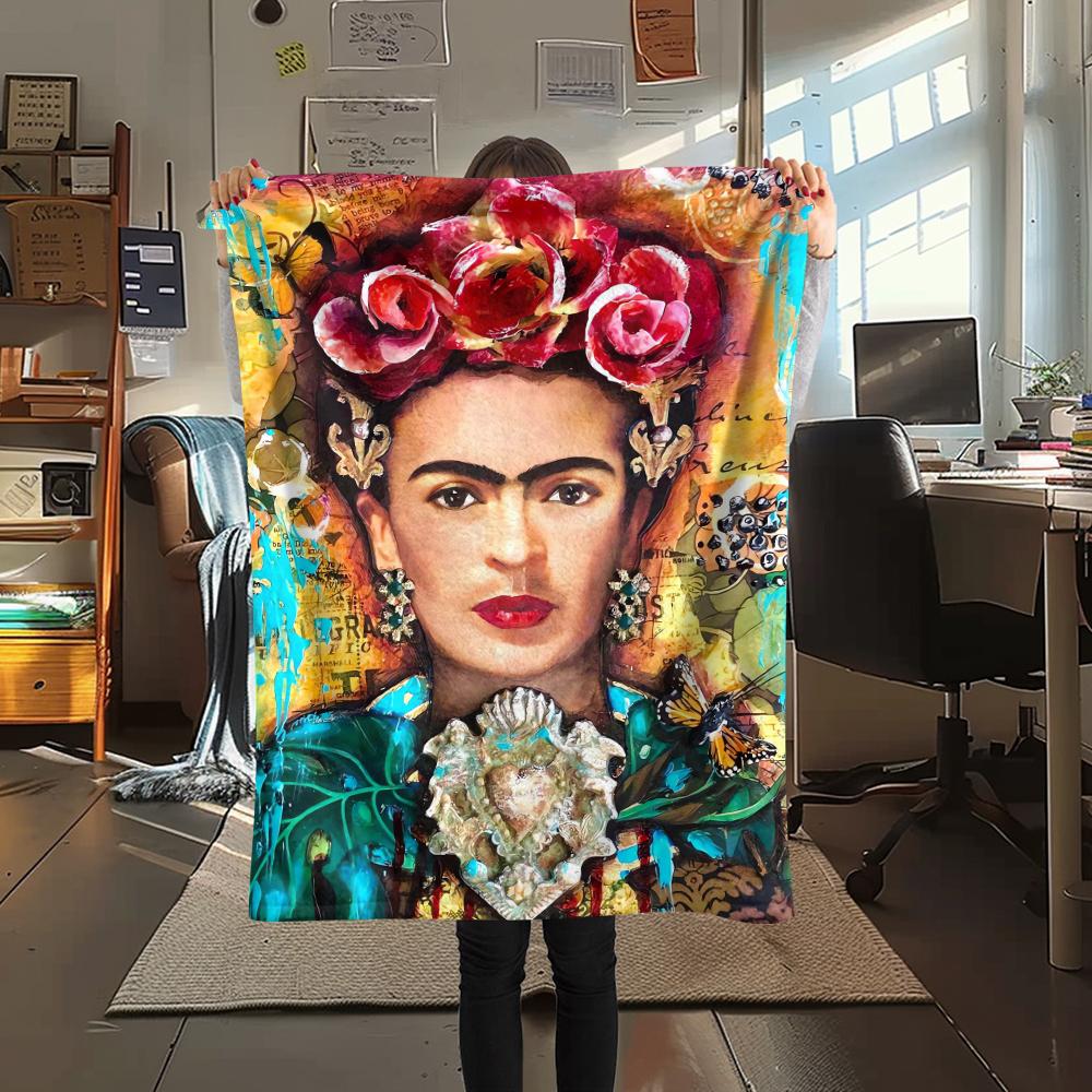 1Pc Frida Kahlo Print Flannel Blanket, High Quality Comfortable for All Seasons, Home Decor, Warmth and Comfort, Perfect for Christmas Gifts