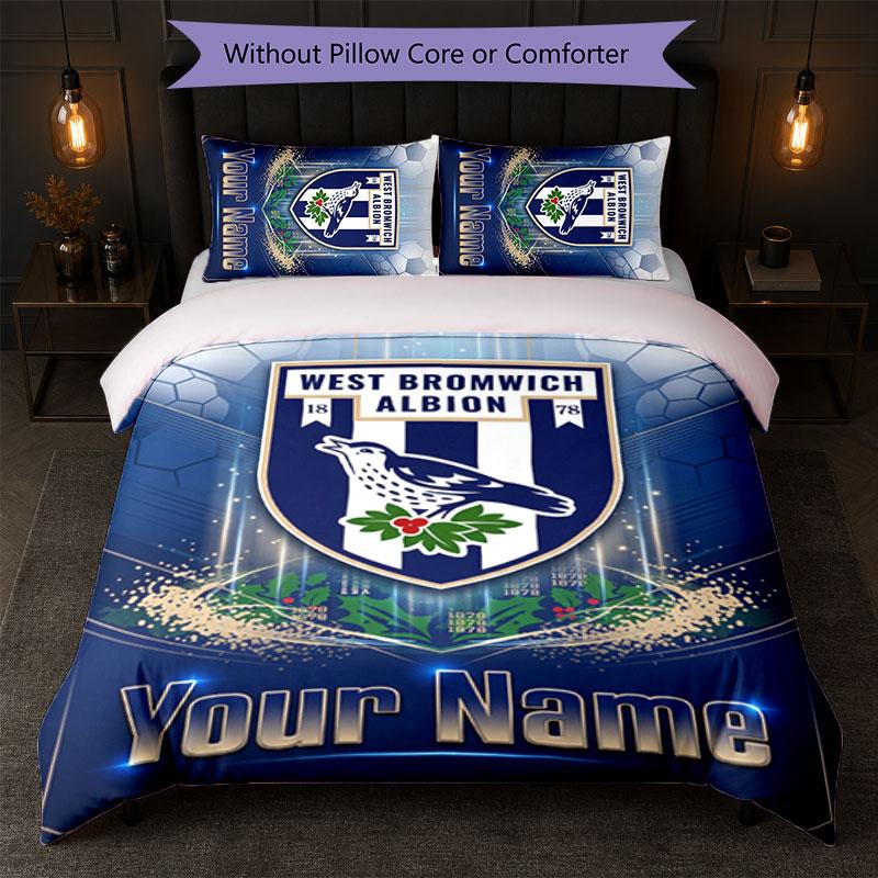 Set Biancheria da Letto Personalizzato West Bromwich Albion FC con Nome Testo 1 Copripiumino + 2 Federe Logo Calcio Regalo Personalizzato per Occasioni Speciali Decorazione Camera da Letto
