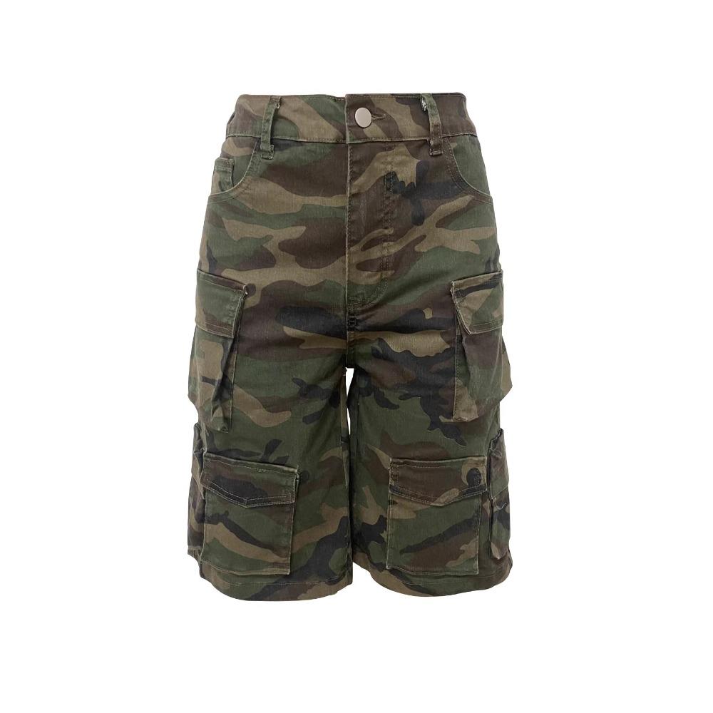 Women's Mid Rise Camo Cargo Bermuda Shorts Streetwear Slight Stretch Multi Pocket Loose Knee Length Denim Shorts