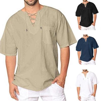Men's Short Sleeve T-shirt Cotton Linen Tie Collar Casual Men's T-shirt Shirt