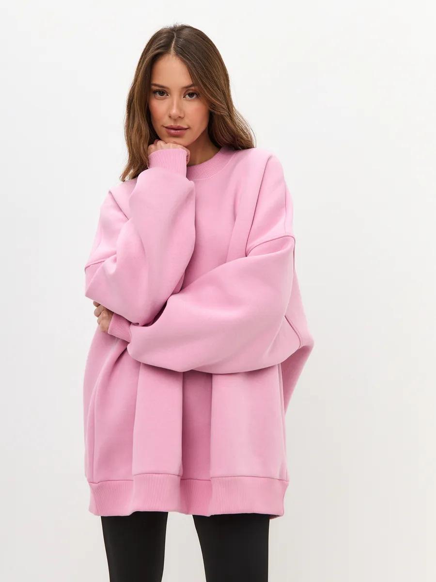 

Модный однотонный свободный универсальный пуловер с круглым вырезом, утолщенный плюшем XL розовый