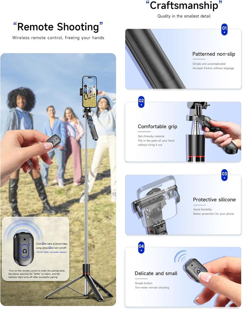 F16 Selfie Stick Tripod with 1708mm Long 8-Section Pole, Bluetooth Remote, 360° Rotation, 1/4 Interface, for Phone Camera Vlog