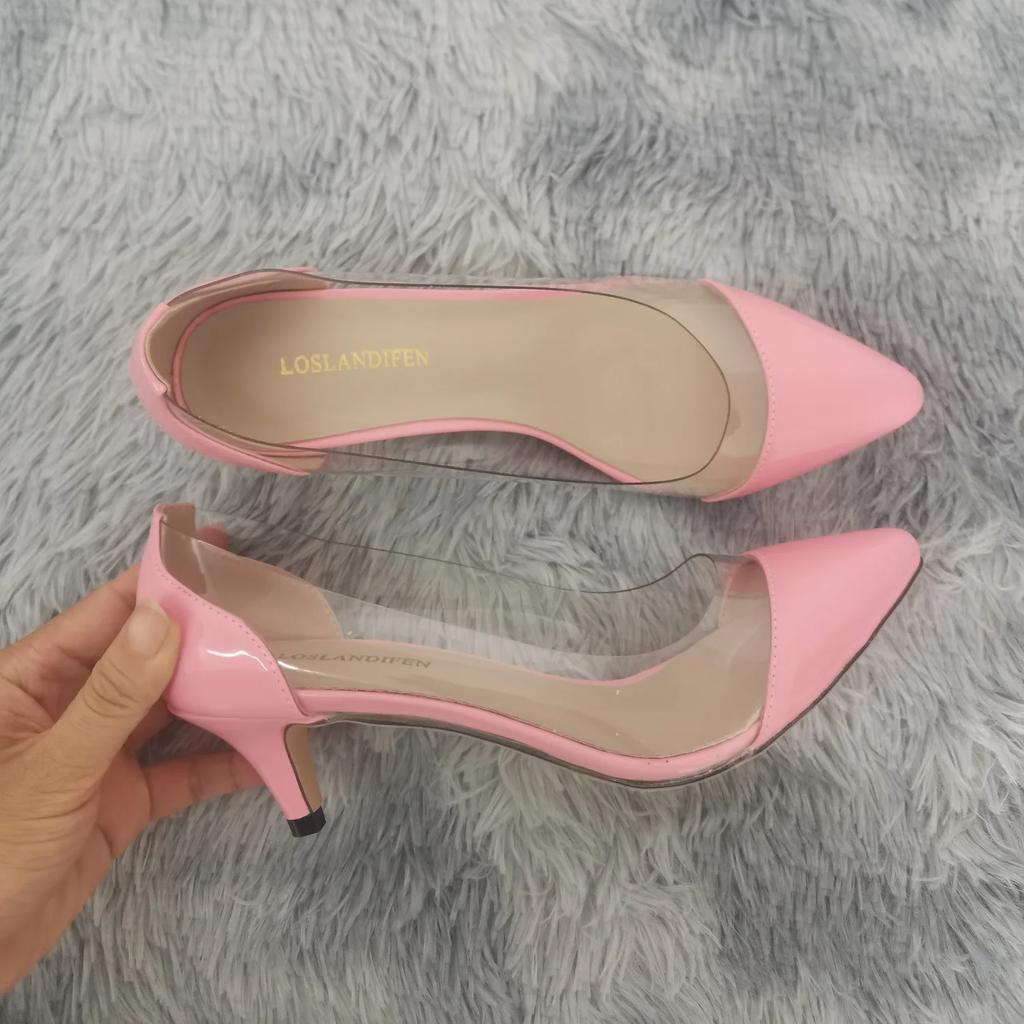 Women Pumps  Spring Autumn Sexy Transparent PVC 5cm Low Heel Fashion Pointed Toe Slip-on High Heels Party Wedding Shoes