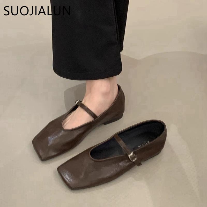 Fashion SUOJIALUN New Brand Women Flat Shoes Fashion Round Toe Slip On Ladies Mary Jane Shoes Soft Flat Outdoor Dress Single Shoes