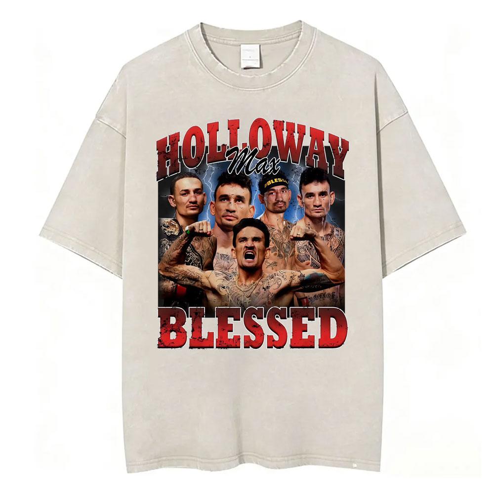 Limited Max Holloway Blessed Retro Washed Tshirts Men Women Violence Aesthetic Oversized Tshirt Summer Tops Streetwear T Shirt