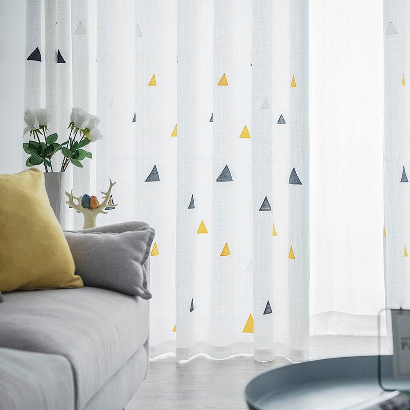 European minimalist curtains living room balcony light-transmitting sunscreen window screen no punching hooked embroidered curtains