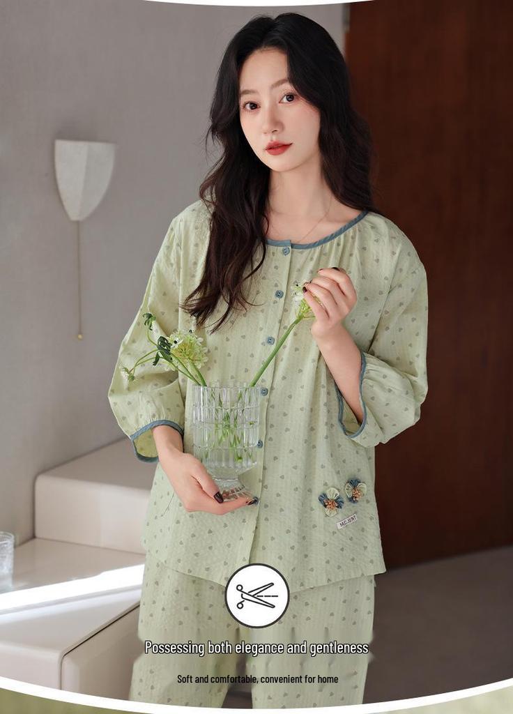 Women's Three-Quarter Sleeve Cotton Gauze Pajamas, Spring/Autumn 2025 Collection, Pure Cotton Home Wear 