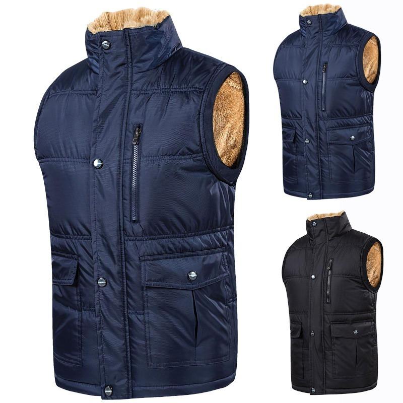 Men's Fleece-Lined Thickened Thermal Vest for Fall/Winter Oversized Stand Collar Sleeveless Jacket for Middle-Aged and Elderly Men